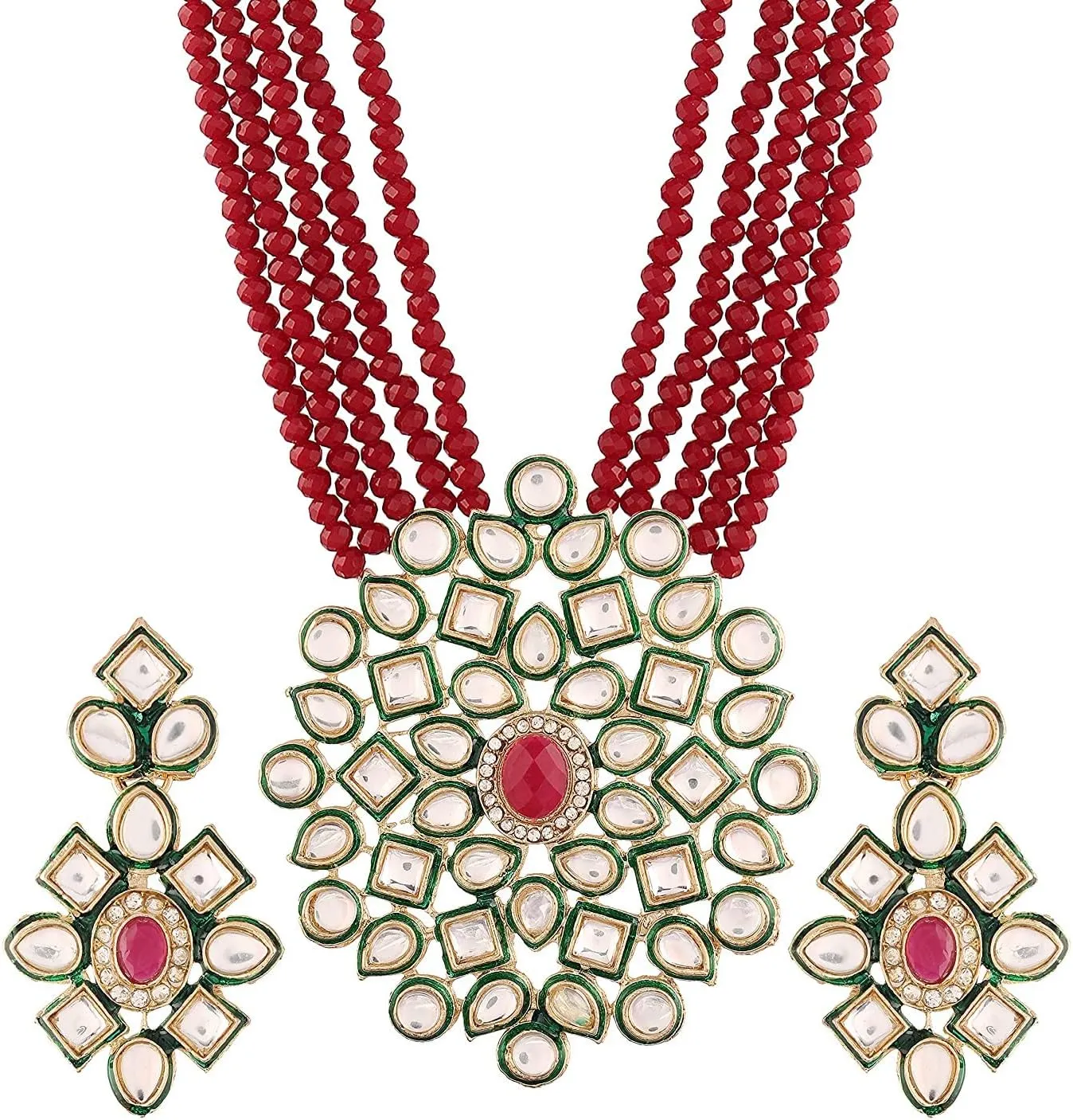 JewarHaat Necklace Layered Onyx Crystal Beads Gold Plated Pearl Polki Ad Cz Gold Tone Meena Work With Matching Earrings Long Jewelry Set For Women And Girls