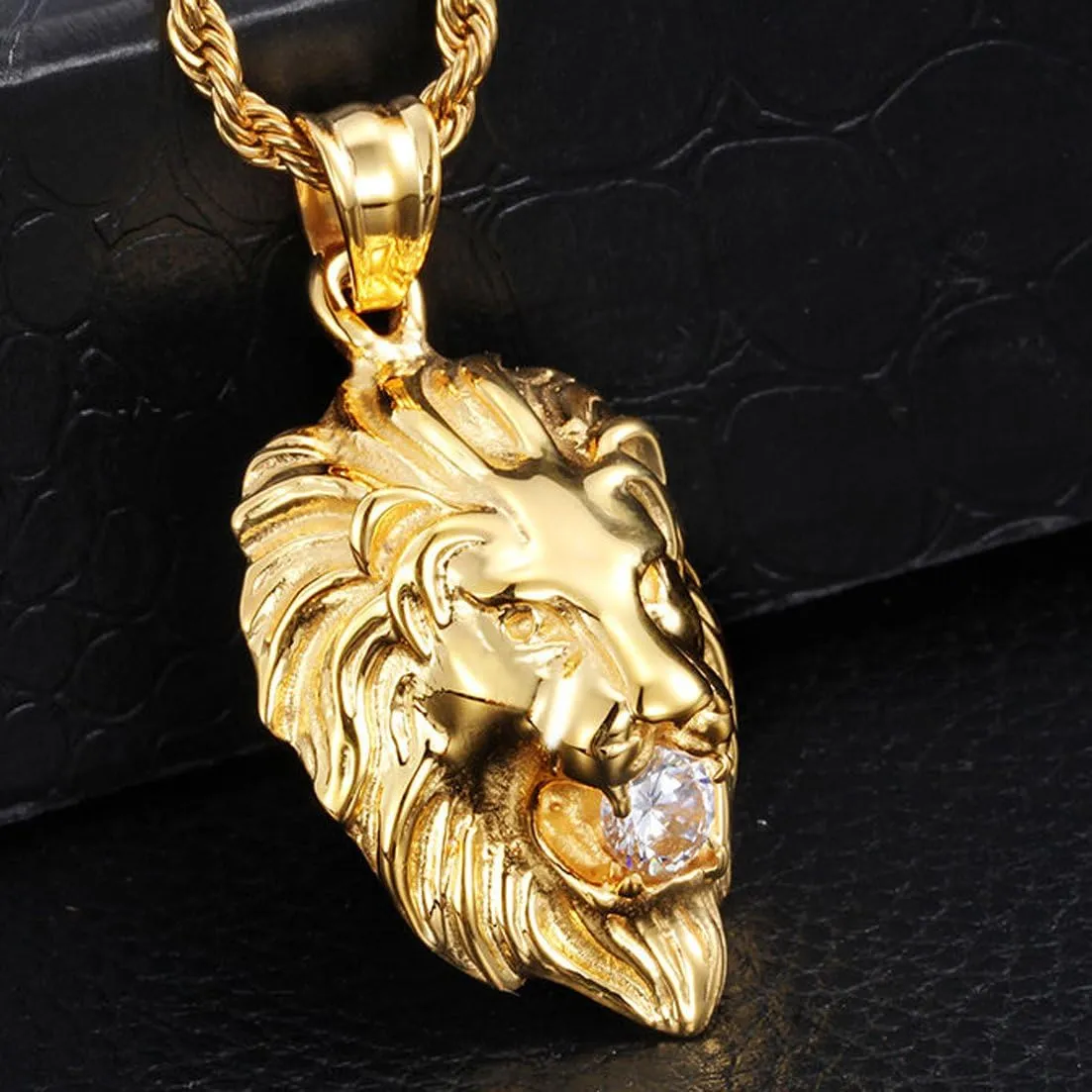 Jewelry Kingdom 1 Mens Necklace Lion Pendant Necklace, Bigger in Size, Silver Plated Stainless Steel, 3PCS Shiny CZ Diamonds, Comes with Rope Chain 24and in a Gift Box