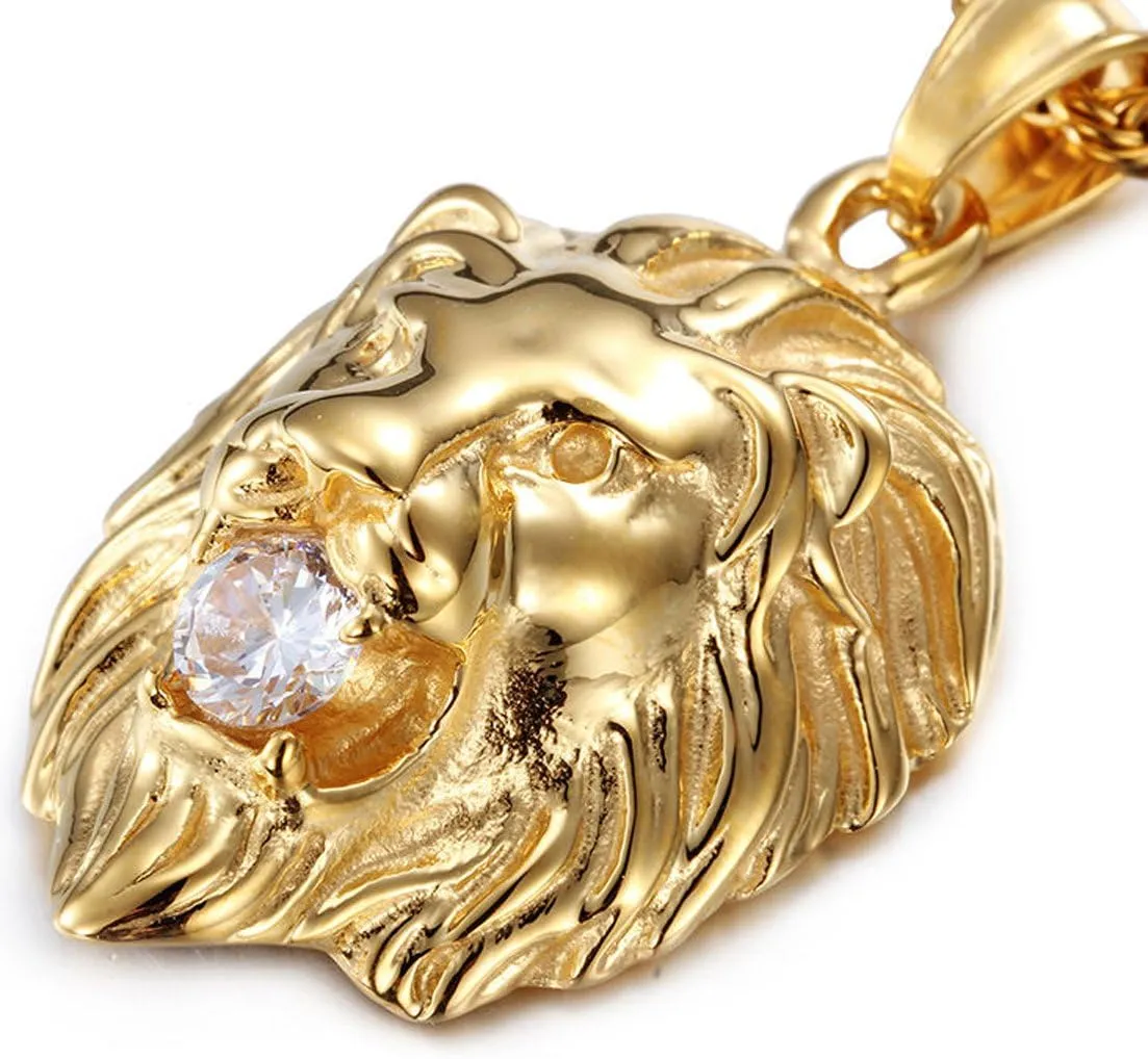 Jewelry Kingdom 1 Mens Necklace Lion Pendant Necklace, Bigger in Size, Silver Plated Stainless Steel, 3PCS Shiny CZ Diamonds, Comes with Rope Chain 24and in a Gift Box