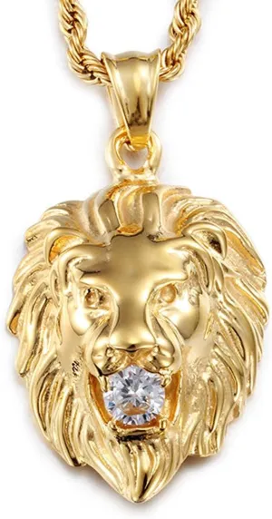 Jewelry Kingdom 1 Mens Necklace Lion Pendant Necklace, Bigger in Size, Silver Plated Stainless Steel, 3PCS Shiny CZ Diamonds, Comes with Rope Chain 24and in a Gift Box
