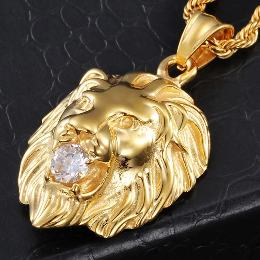 Jewelry Kingdom 1 Mens Necklace Lion Pendant Necklace, Bigger in Size, Silver Plated Stainless Steel, 3PCS Shiny CZ Diamonds, Comes with Rope Chain 24and in a Gift Box