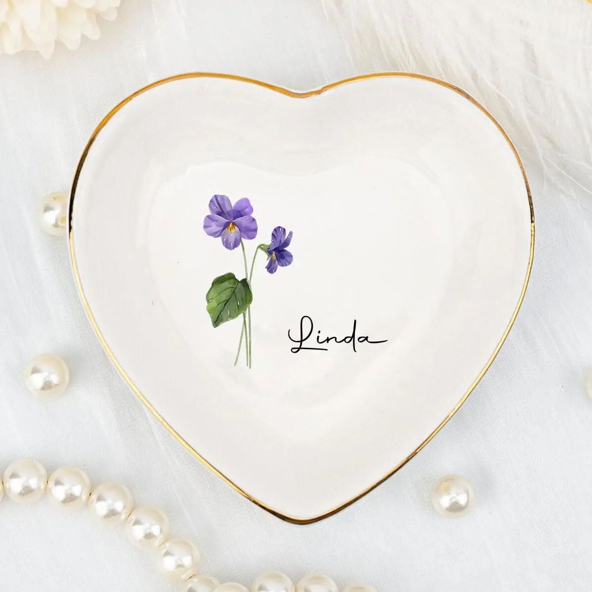 Jewelry Tray Dish Personalized Heart Shaped - Ring Dish Decorative Trinket Plate Birth Month Flower - Gifts for Her Mom Daughter Sister Best Friend Engagement Wedding Ring Holder