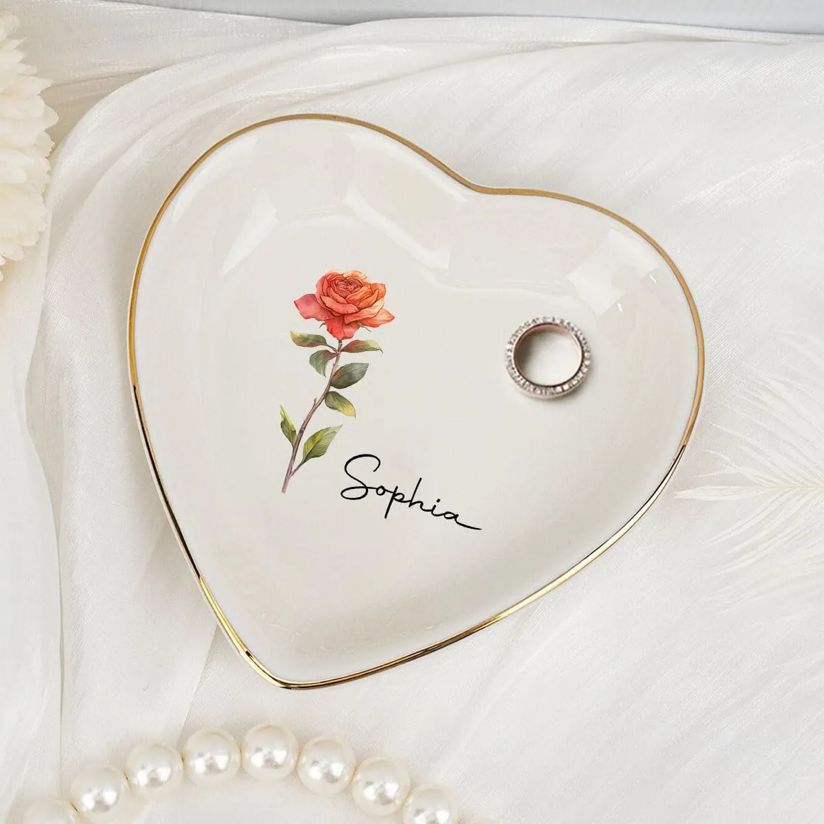 Jewelry Tray Dish Personalized Heart Shaped - Ring Dish Decorative Trinket Plate Birth Month Flower - Gifts for Her Mom Daughter Sister Best Friend Engagement Wedding Ring Holder