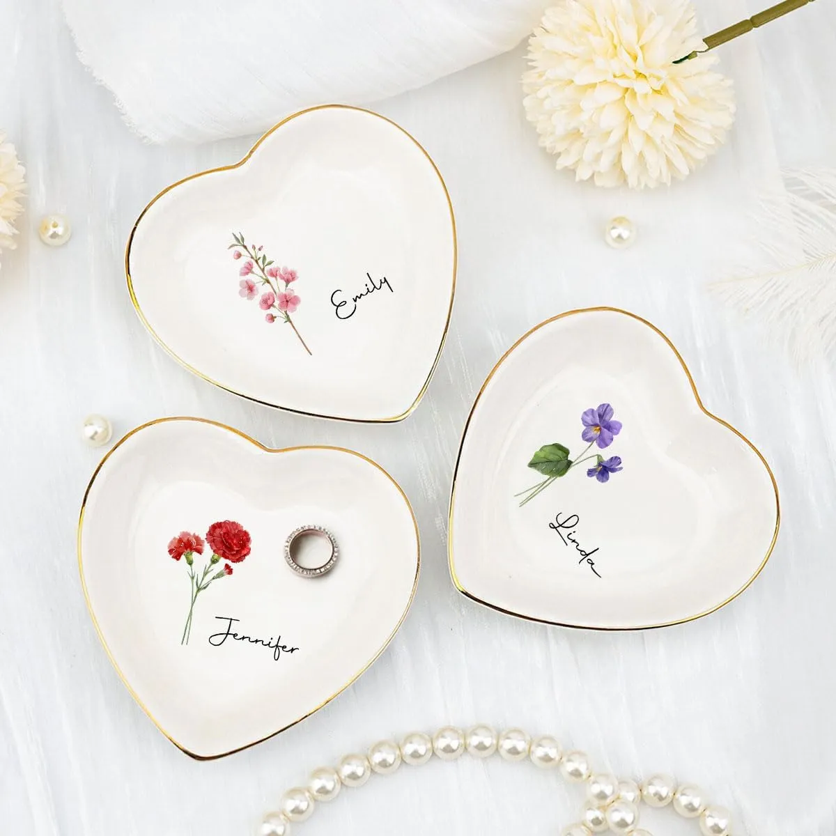 Jewelry Tray Dish Personalized Heart Shaped - Ring Dish Decorative Trinket Plate Birth Month Flower - Gifts for Her Mom Daughter Sister Best Friend Engagement Wedding Ring Holder