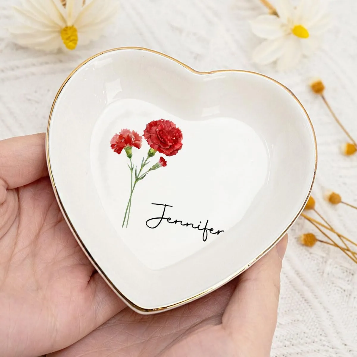 Jewelry Tray Dish Personalized Heart Shaped - Ring Dish Decorative Trinket Plate Birth Month Flower - Gifts for Her Mom Daughter Sister Best Friend Engagement Wedding Ring Holder