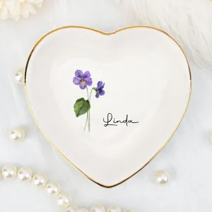 Jewelry Tray Dish Personalized Heart Shaped - Ring Dish Decorative Trinket Plate Birth Month Flower - Gifts for Her Mom Daughter Sister Best Friend Engagement Wedding Ring Holder