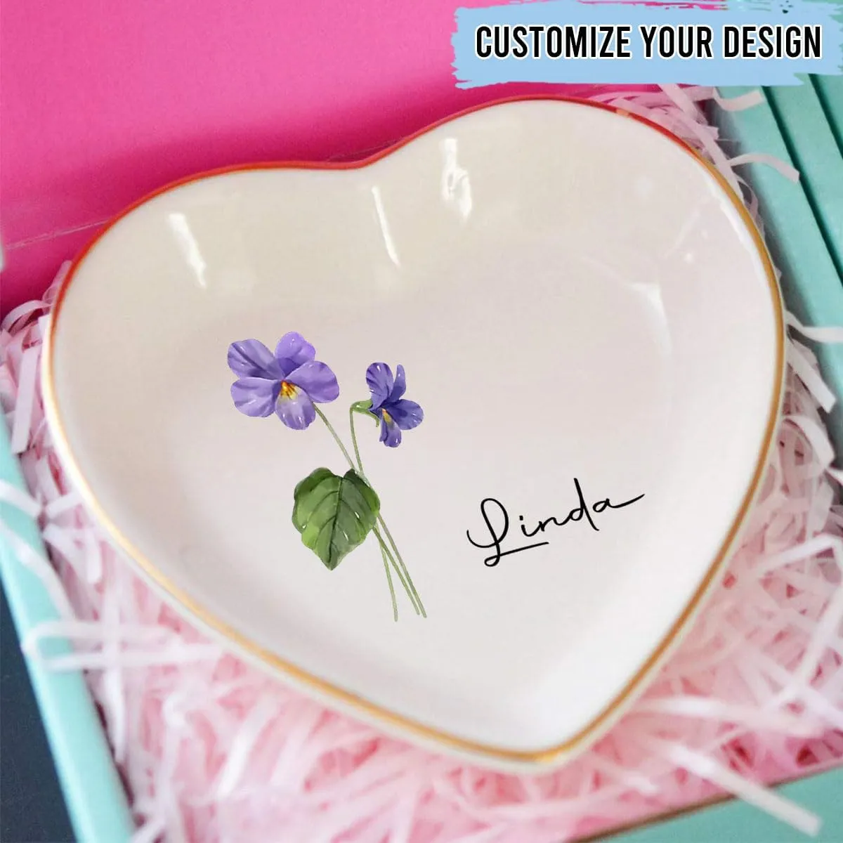 Jewelry Tray Dish Personalized Heart Shaped - Ring Dish Decorative Trinket Plate Birth Month Flower - Gifts for Her Mom Daughter Sister Best Friend Engagement Wedding Ring Holder