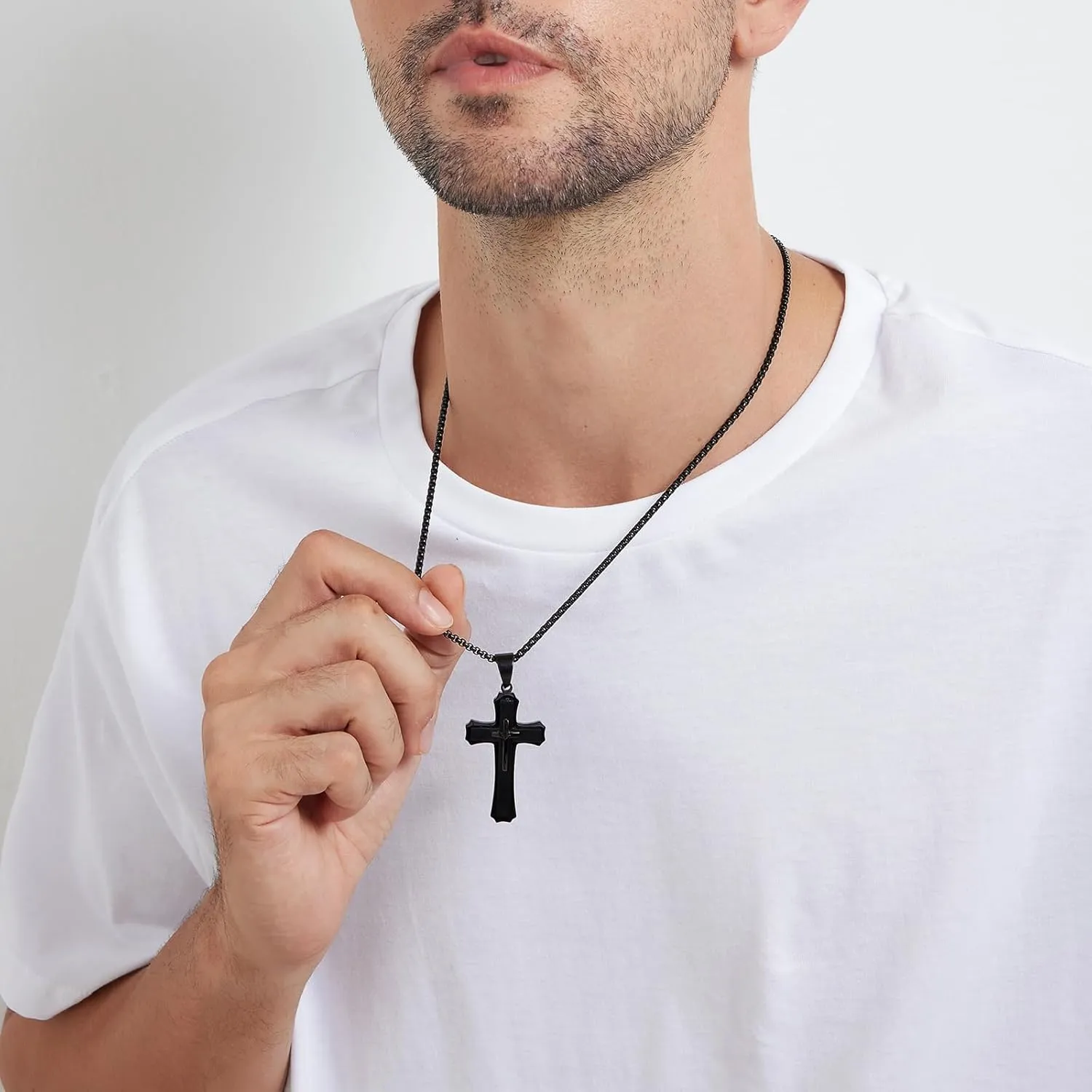 jiamiaoi Cross Necklace for Men Surgical Steel Mens Cross Necklace 316L Stainless Steel Cross Pendant Necklace in Color Silver/Black/Gold, Nickel Free Steel Cross Necklaces Chain 22In-26In