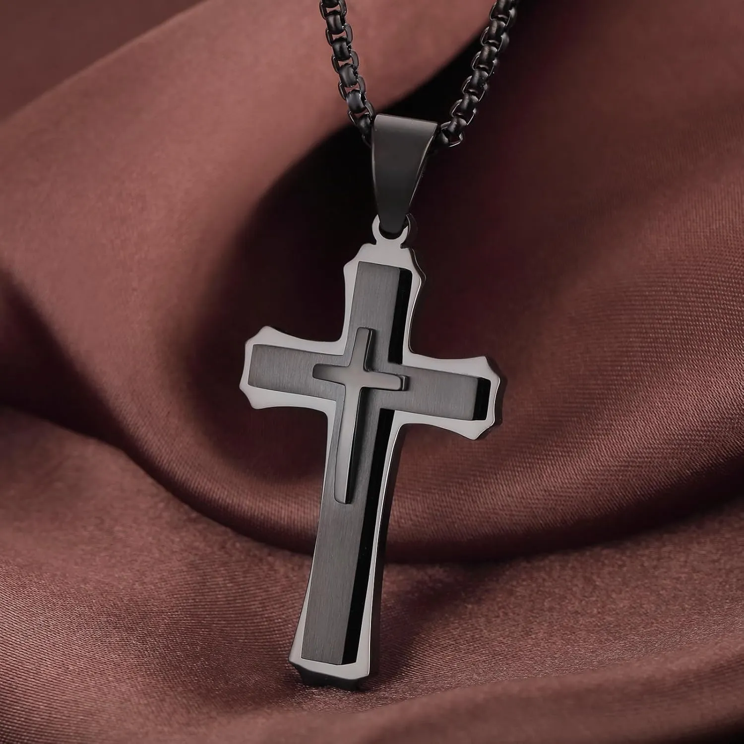 jiamiaoi Cross Necklace for Men Surgical Steel Mens Cross Necklace 316L Stainless Steel Cross Pendant Necklace in Color Silver/Black/Gold, Nickel Free Steel Cross Necklaces Chain 22In-26In