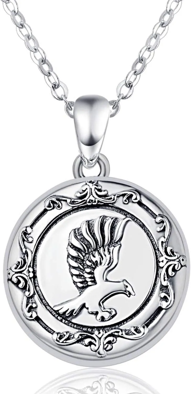 KINGWHYTE Eagle Locket Necklace S925 Sterling Silver Vintage Style Pictures Photo Locket Round Pendant Necklace Jewelry Gifts for Women