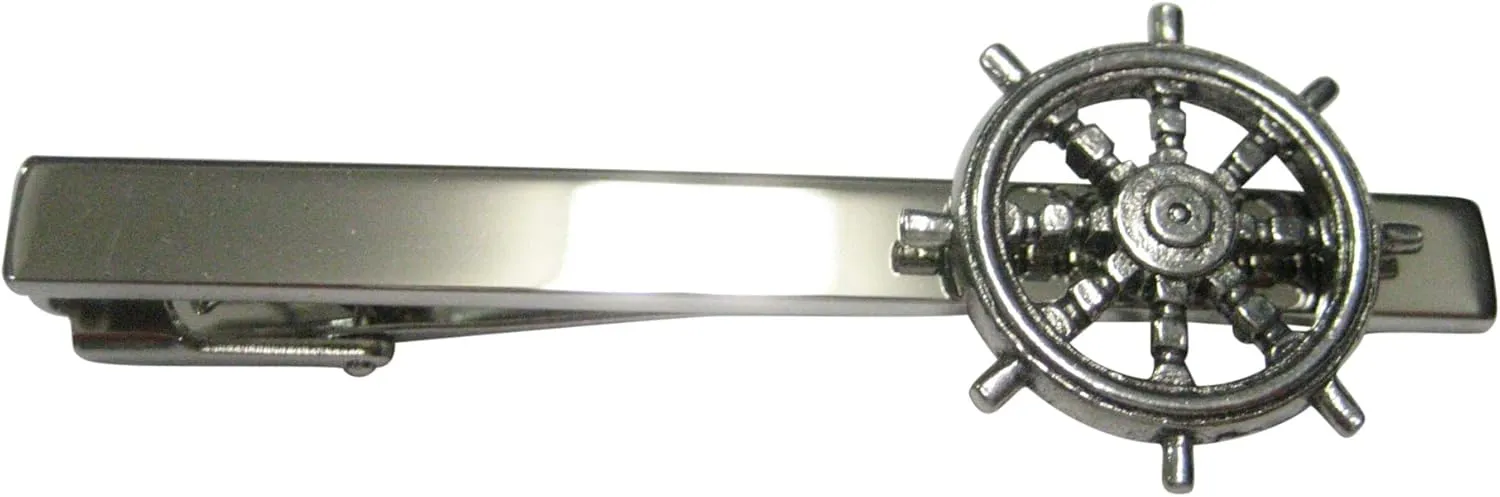 Kiola Designs Silver Toned Textured Nautical Helm Square Tie Clip