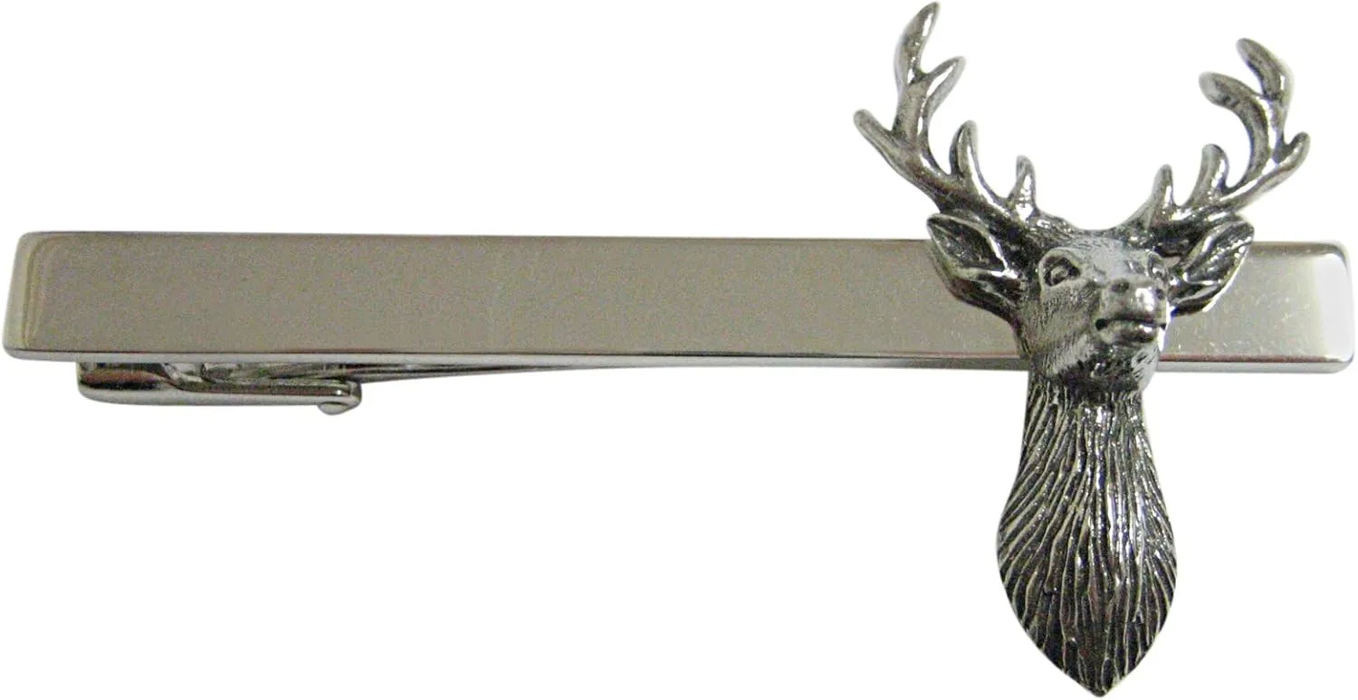 Kiola Designs Silver Toned Textured Stag Deer Head Square Tie Clip