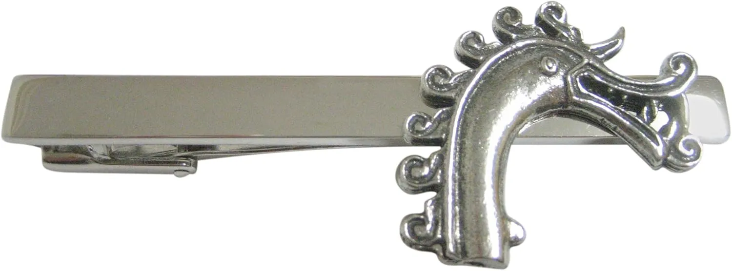 Kiola Designs Silver Toned Textured Viking Dragon Head Square Tie Clip