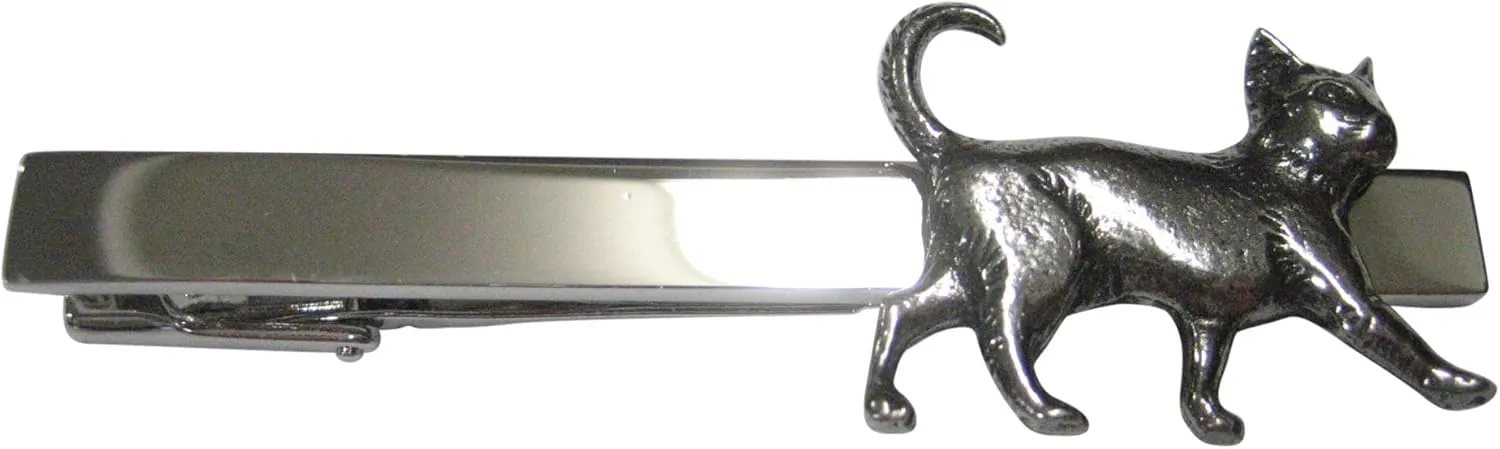 Kiola Designs Silver Toned Textured Walking Cat Tie Clip