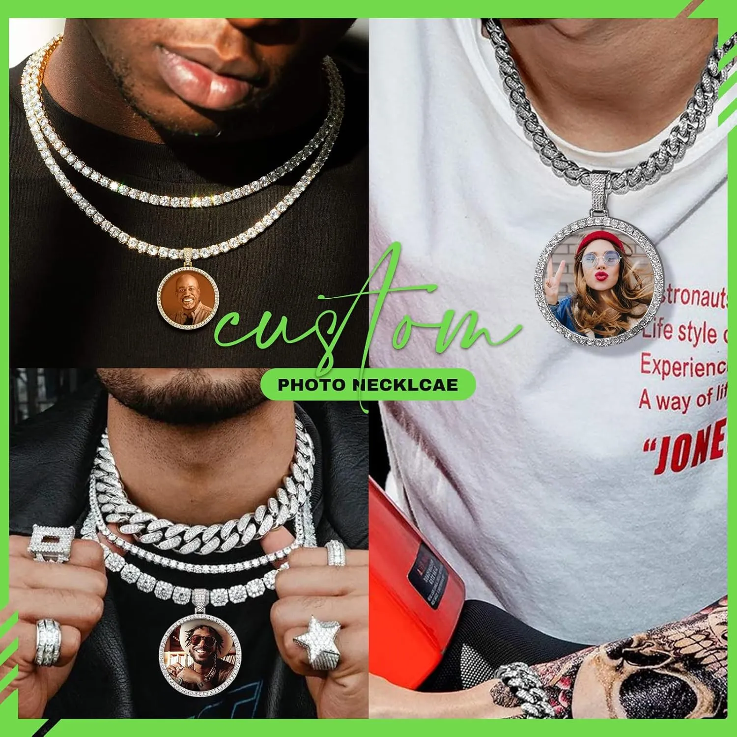 Large Oversized Custom Big Circle Chain with Picture Necklace Personalized Photo Pendant Necklace for Men Women Iced Out Chain Memorial Necklace with Picture Hip Hop Jewelry