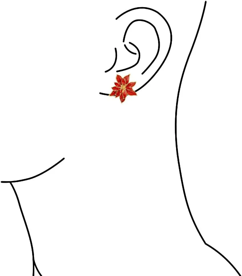 Large Statement Flower Holiday Party White Red Enamel Poinsettia Brooch Clip On Earrings Scarf Pin Jewelry Set For Women Silver Gold Plated