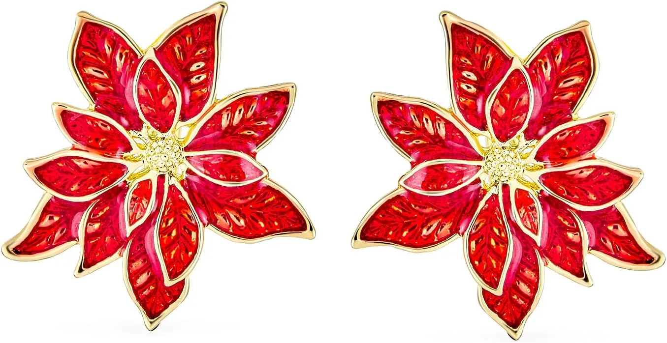 Large Statement Flower Holiday Party White Red Enamel Poinsettia Brooch Clip On Earrings Scarf Pin Jewelry Set For Women Silver Gold Plated