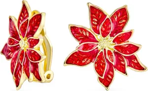 Large Statement Flower Holiday Party White Red Enamel Poinsettia Brooch Clip On Earrings Scarf Pin Jewelry Set For Women Silver Gold Plated