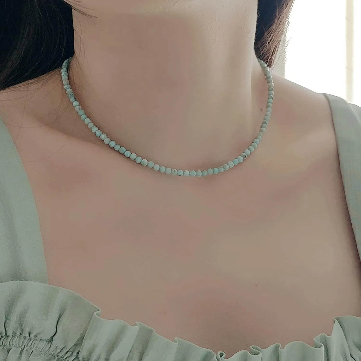 Larimar Natural Stone 3mm Minimalist Necklace Handmade Beaded Necklace Healing Crystal Choker Necklace For Women