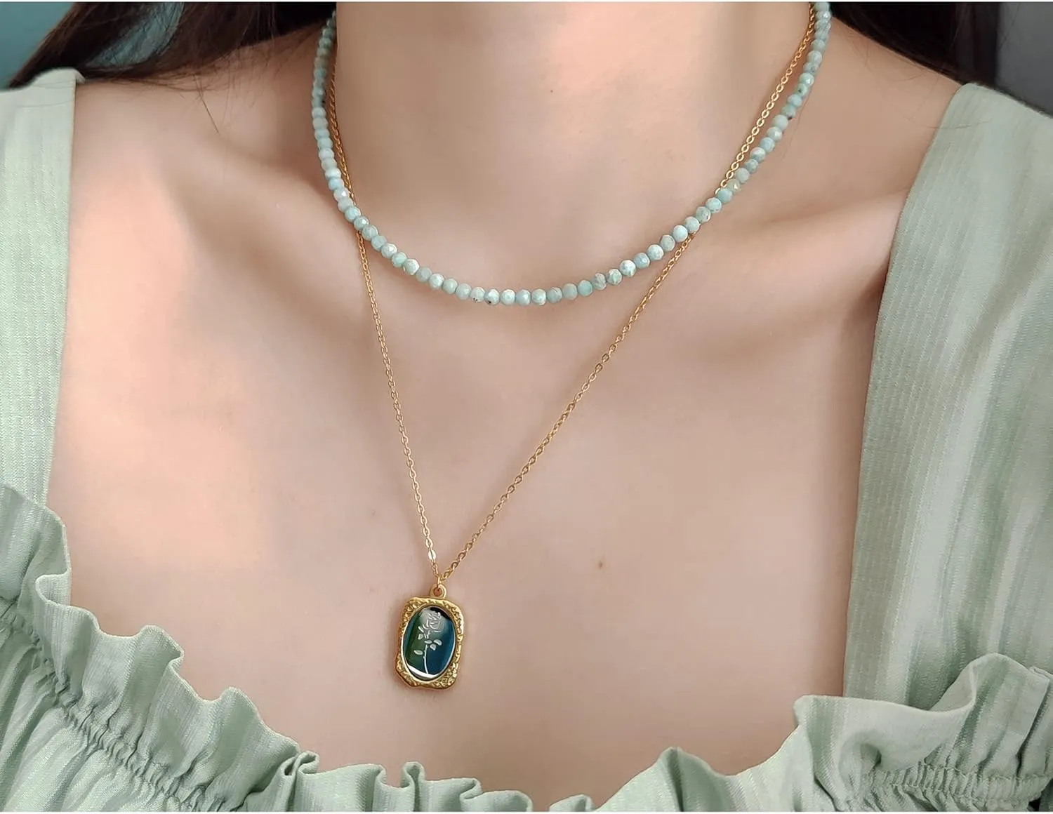 Larimar Natural Stone 3mm Minimalist Necklace Handmade Beaded Necklace Healing Crystal Choker Necklace For Women