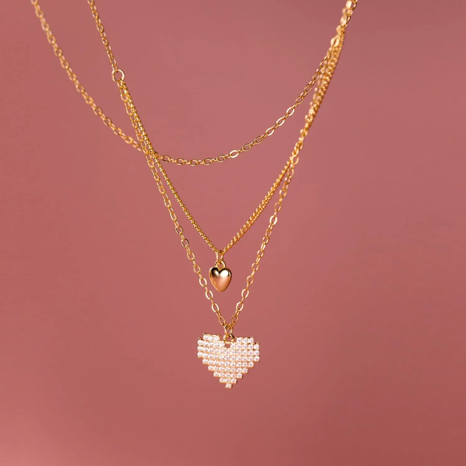 Layered Heart CZ Pendant Necklace for Women 925 Sterling Silver Dainty Mother Daughter Necklaces 14k Gold Plated Cute Love Choker Adjustable Chain Wedding Birthday Graduation Jewelry for Her