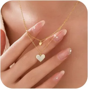 Layered Heart CZ Pendant Necklace for Women 925 Sterling Silver Dainty Mother Daughter Necklaces 14k Gold Plated Cute Love Choker Adjustable Chain Wedding Birthday Graduation Jewelry for Her