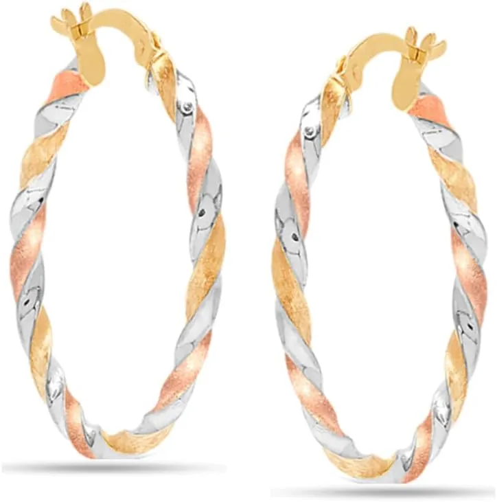 LeCalla Real 925 Sterling Silver Hoop Earrings | 14K Gold-Plated Three-Tone Twisted Earring Jewelry | Light-Weight Italian Design Click-Top Hoop Earrings for Women