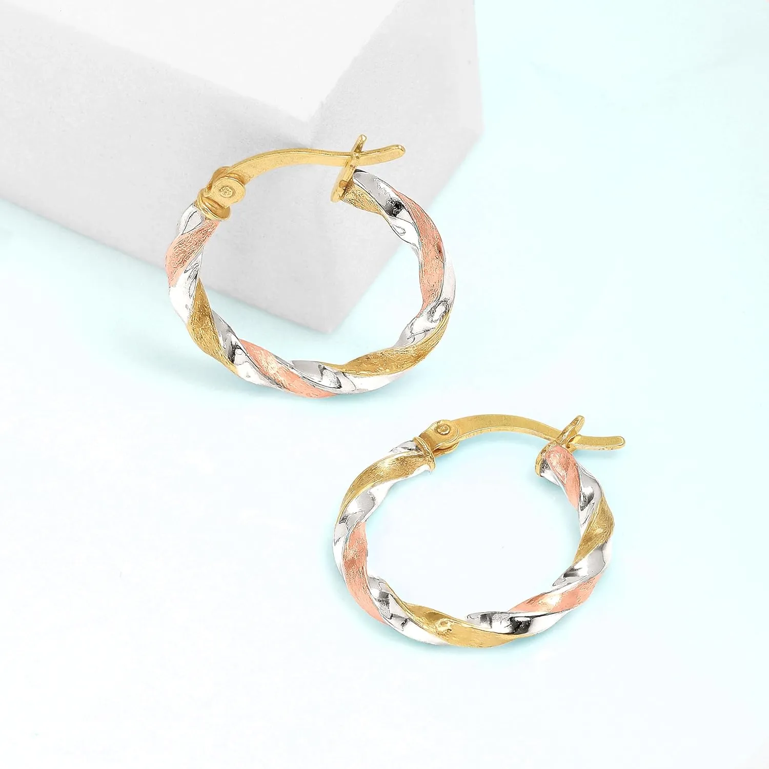 LeCalla Real 925 Sterling Silver Hoop Earrings | 14K Gold-Plated Three-Tone Twisted Earring Jewelry | Light-Weight Italian Design Click-Top Hoop Earrings for Women