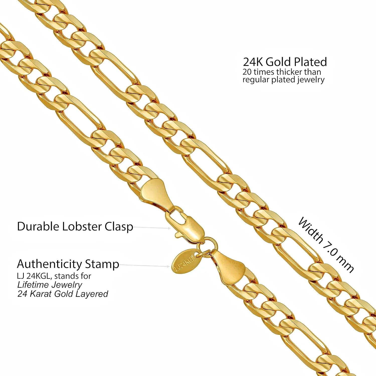LIFETIME JEWELRY 7mm Figaro Chain Necklace Diamond Cut 24k Real Gold Plated