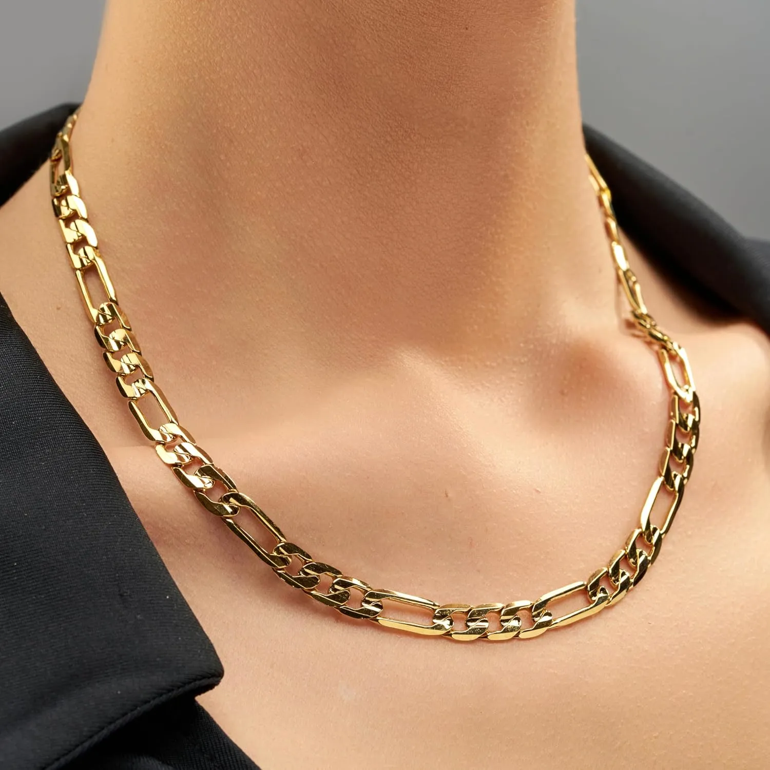 LIFETIME JEWELRY 7mm Figaro Chain Necklace Diamond Cut 24k Real Gold Plated