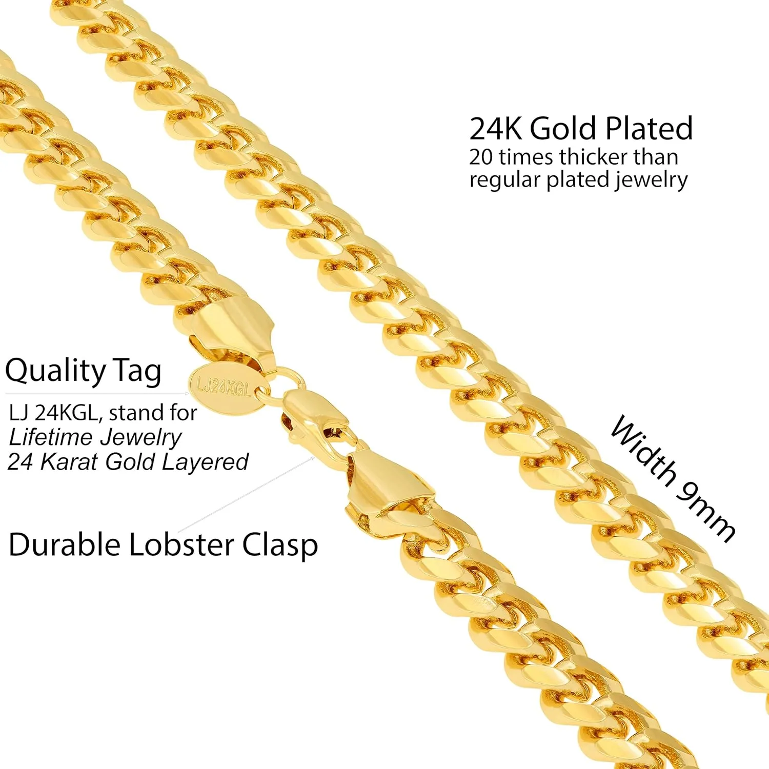 LIFETIME JEWELRY 9mm Miami Curb Cuban Link Chain Necklace 24k Gold Plated