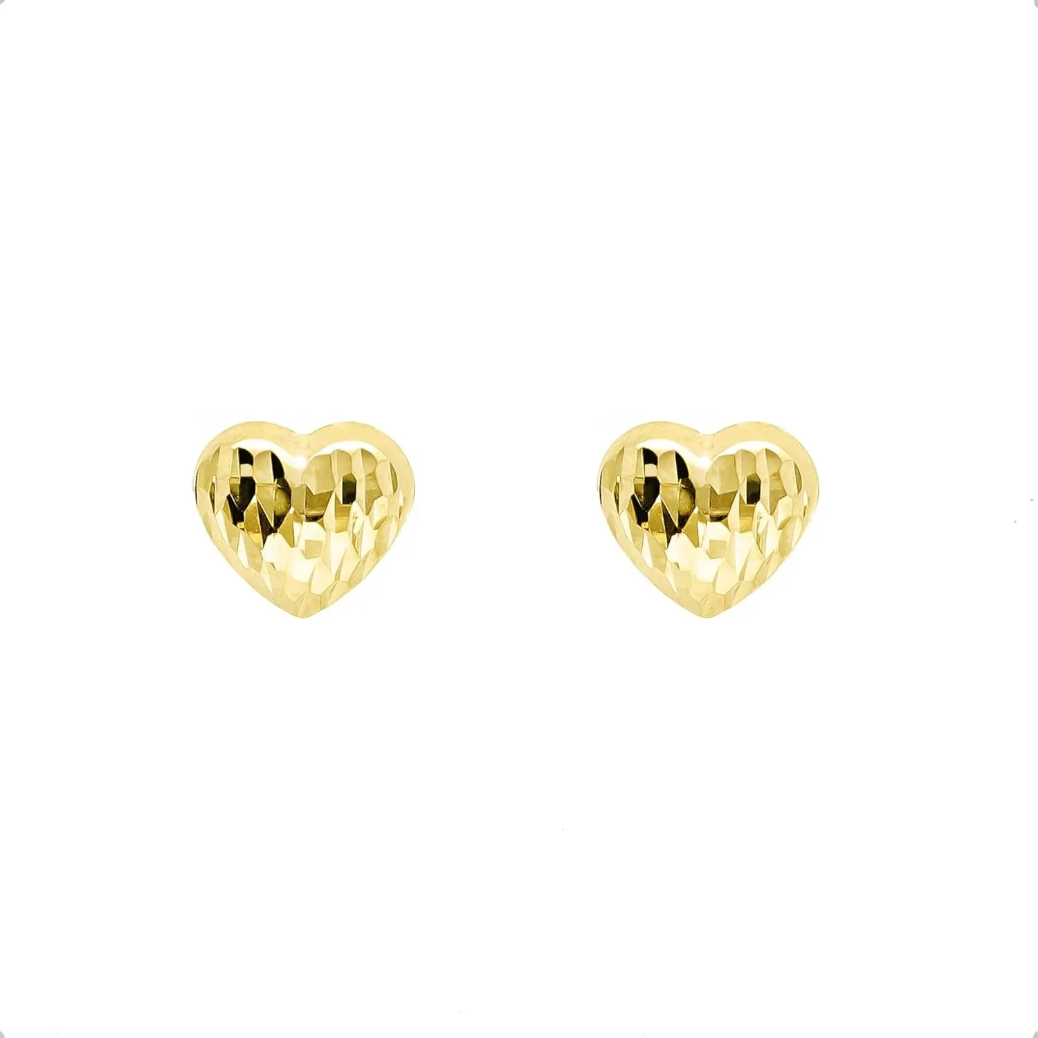 Lucchetta - 14k Gold Puffed Heart Textured 7mm Stud - Womens Italian Earrings from Italy
