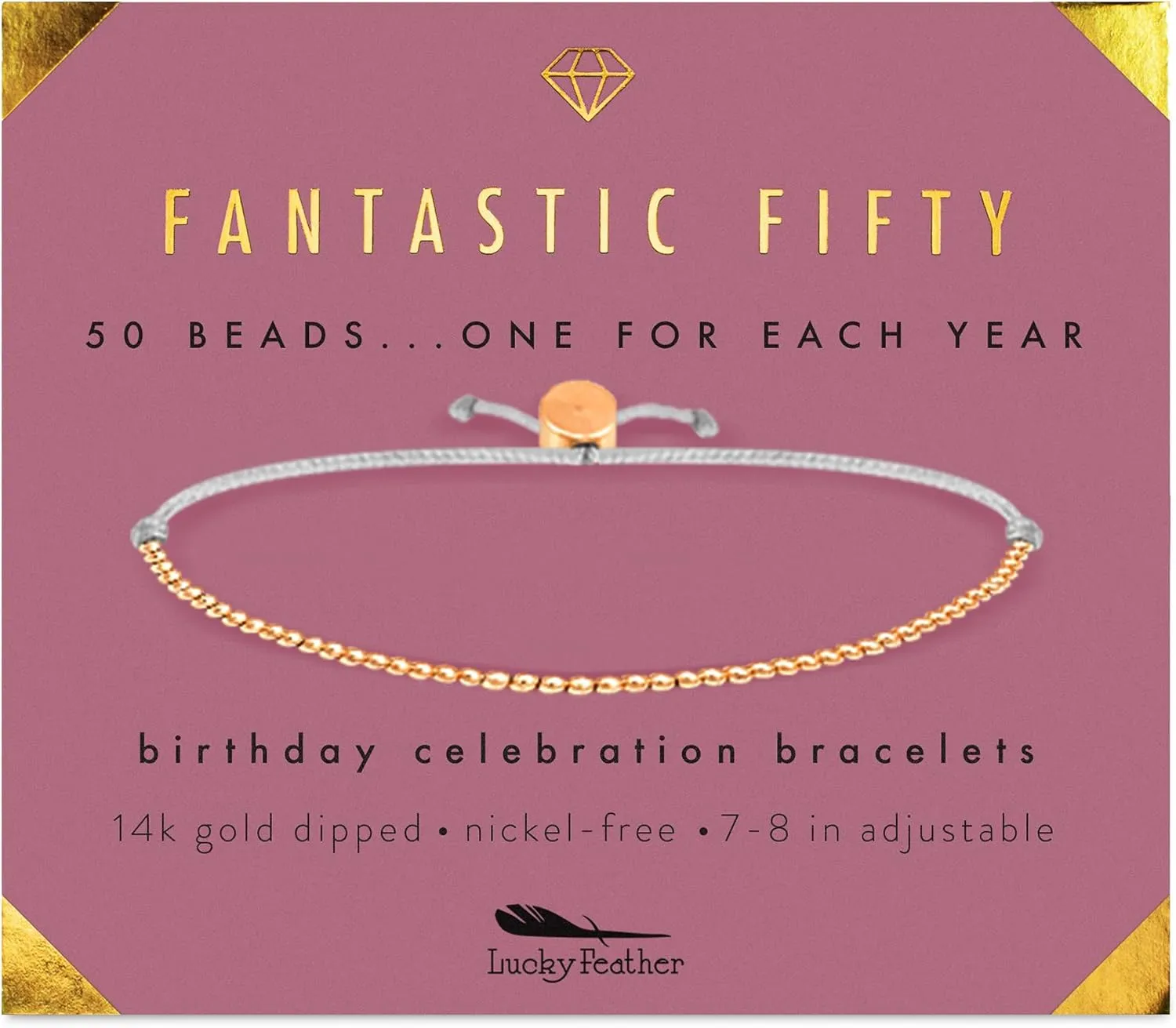 Lucky Feather 50th Birthday Gifts for Women Turning 50-14K Gold Dipped Beads Bracelet on Adjustable Cord, 50th Birthday Jewelry Gift Ideas 50 Year Old Woman
