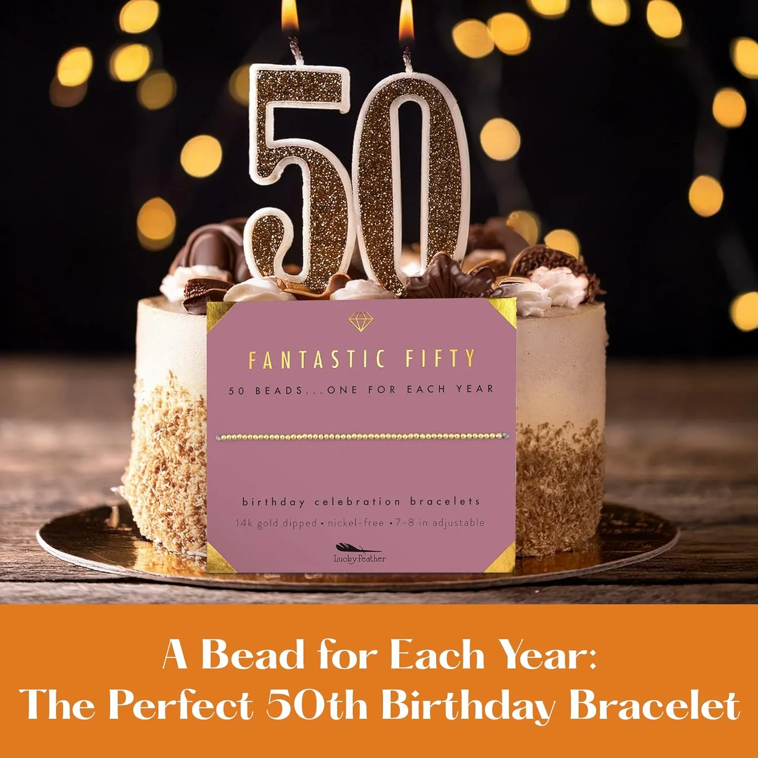 Lucky Feather 50th Birthday Gifts for Women Turning 50-14K Gold Dipped Beads Bracelet on Adjustable Cord, 50th Birthday Jewelry Gift Ideas 50 Year Old Woman