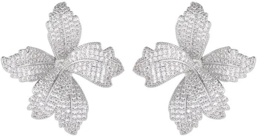 Luxury Big Flower Cubic Zirconia Crystal Statement Stud Dangle Earrings for Women Dainty 925 Sterling Silver Post Diamond Petal Large Flowers Huggie Studs Hypoallergenic Fashion Trendy Jewelry