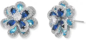 Luxury Blue CZ Flower Stud Earrings for Women Sensitive Ear 925 Sterling Silver Post Colorful Cubic Zirconia Camellia Birthstone Studs Hypoallergenic Fashion Jewelry Valentine's Day Gift Her