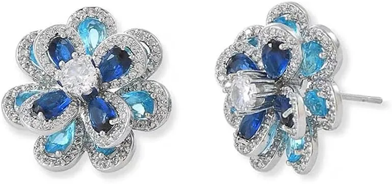 Luxury Blue CZ Flower Stud Earrings for Women Sensitive Ear 925 Sterling Silver Post Colorful Cubic Zirconia Camellia Birthstone Studs Hypoallergenic Fashion Jewelry Valentine's Day Gift Her