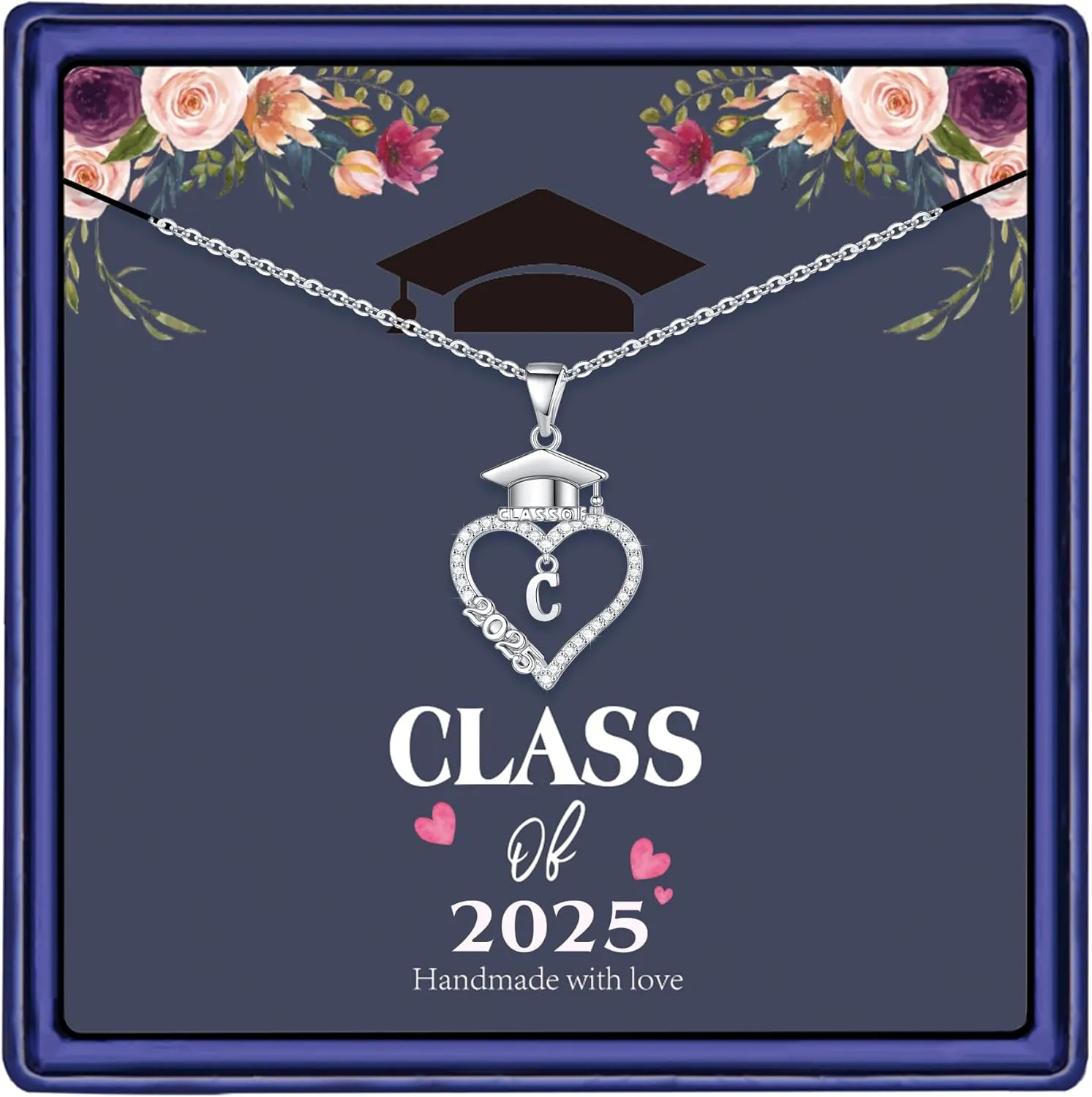 M MOOHAM Graduation Gifts for Her 2025, 14K White Gold Plated CZ Graduation Cap Heart Pendant Initial Necklaces for Women Teen Girls High School College Graduation Gifts for Her