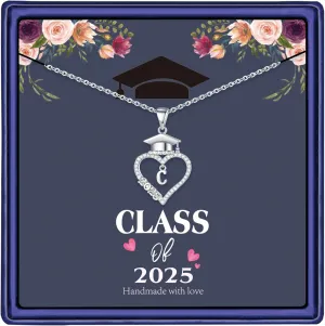 M MOOHAM Graduation Gifts for Her 2025, 14K White Gold Plated CZ Graduation Cap Heart Pendant Initial Necklaces for Women Teen Girls High School College Graduation Gifts for Her
