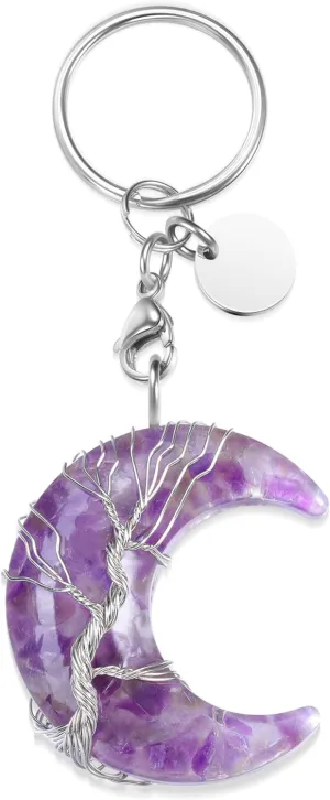MANIFO Healing Crystal Keyring Wire Wrapped Moon Gemstone Quartz Crystals Stone Keychain Jewelry