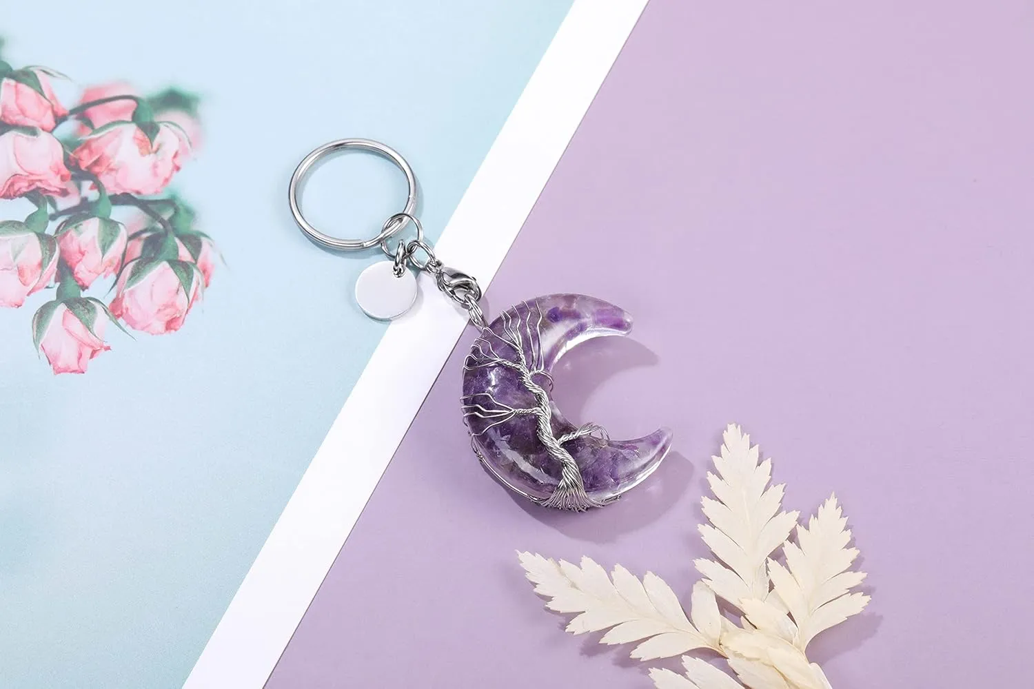 MANIFO Healing Crystal Keyring Wire Wrapped Moon Gemstone Quartz Crystals Stone Keychain Jewelry