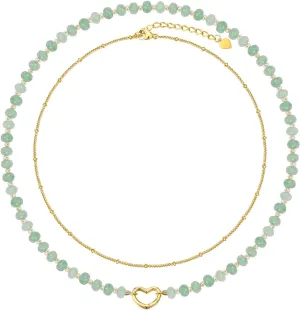 MEALGUET Gemstone Beaded Choker Necklace for Women : Handmade Waterproof 2-Layered Green Natural Stone Boho Style Heart 14K Gold Plated Chain Necklace Jewelry Gift for Her
