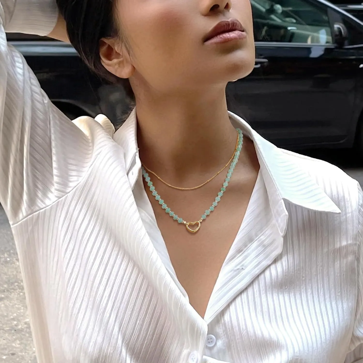 MEALGUET Gemstone Beaded Choker Necklace for Women : Handmade Waterproof 2-Layered Green Natural Stone Boho Style Heart 14K Gold Plated Chain Necklace Jewelry Gift for Her