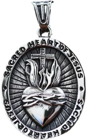 Mens Stainless Steel Sacred Heart of Jesus Pendant Necklace