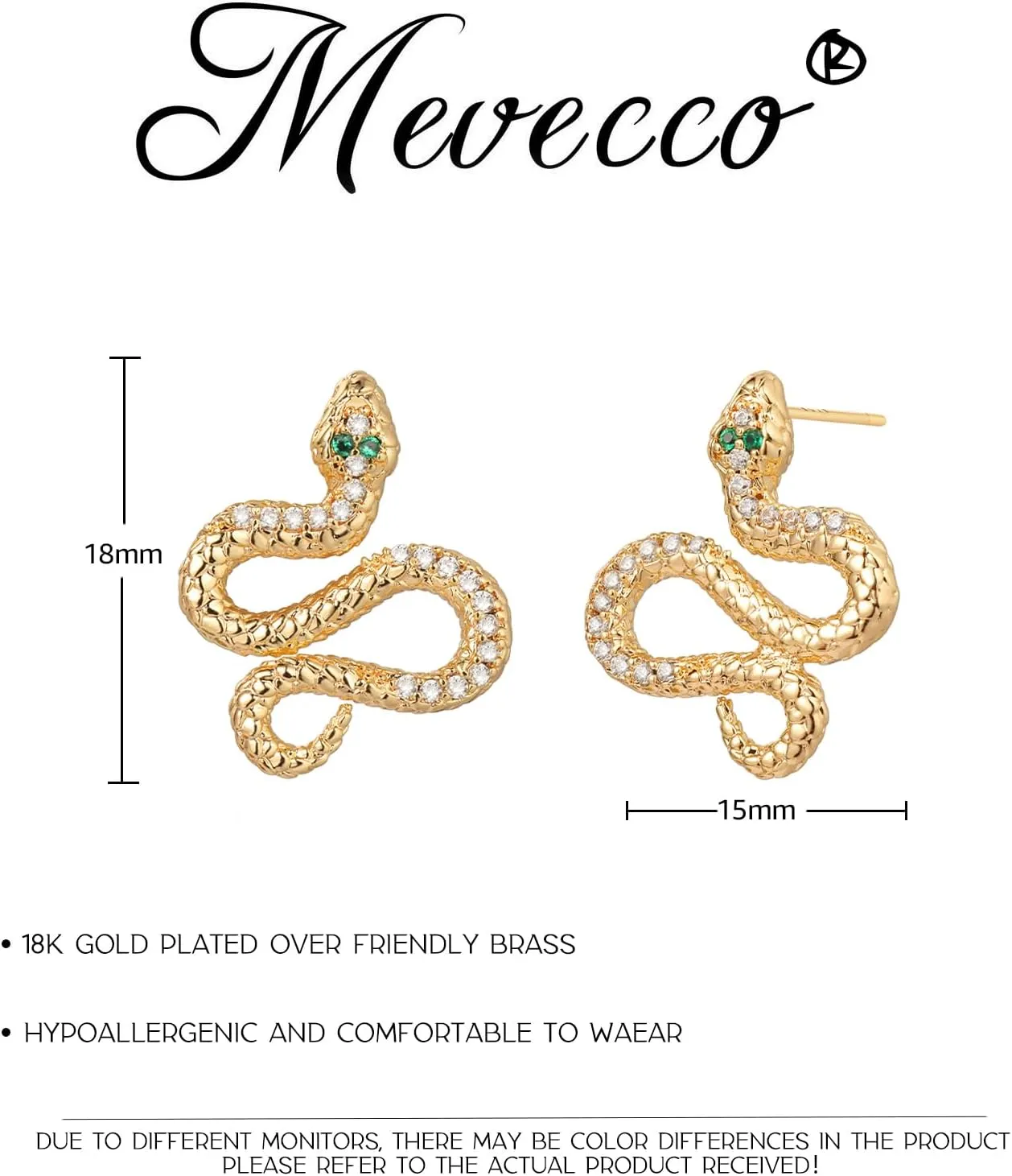 MEVECCO Dainty Snake Earrings Studs for Women - 18K Gold Plated Boho Small Tiny Minimalist Stud Earrings