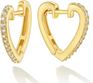 MEVECCO Gold Heart Huggie Hoop Earrings 18K Gold Plated Cubic Zirconia Love Heart Hoop Minimalist Handmade Earrings for Women