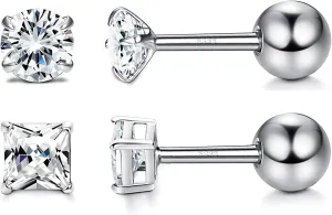 Milacolato Unisex Cubic Zirconia Stud Earrings 925 Sterling Silver Round/Square Princess Cut Cubic Zirconia Screw Back Stud Earrings for Women/Men Cartilage Tragus Helix CZ Studs 3-6MM