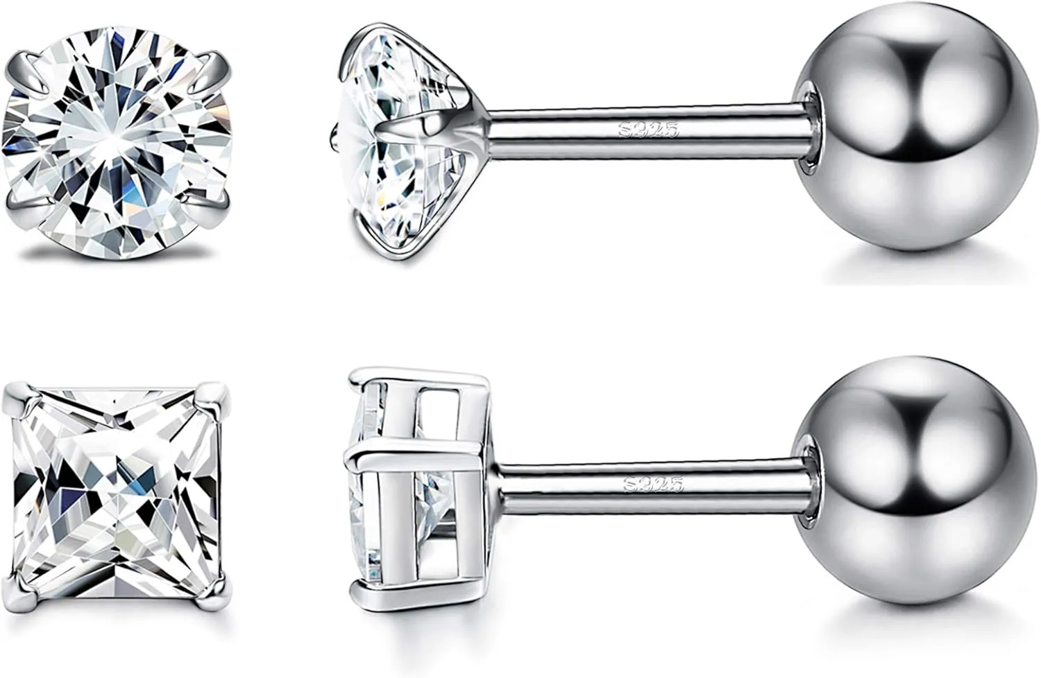 Milacolato Unisex Cubic Zirconia Stud Earrings 925 Sterling Silver Round/Square Princess Cut Cubic Zirconia Screw Back Stud Earrings for Women/Men Cartilage Tragus Helix CZ Studs 3-6MM