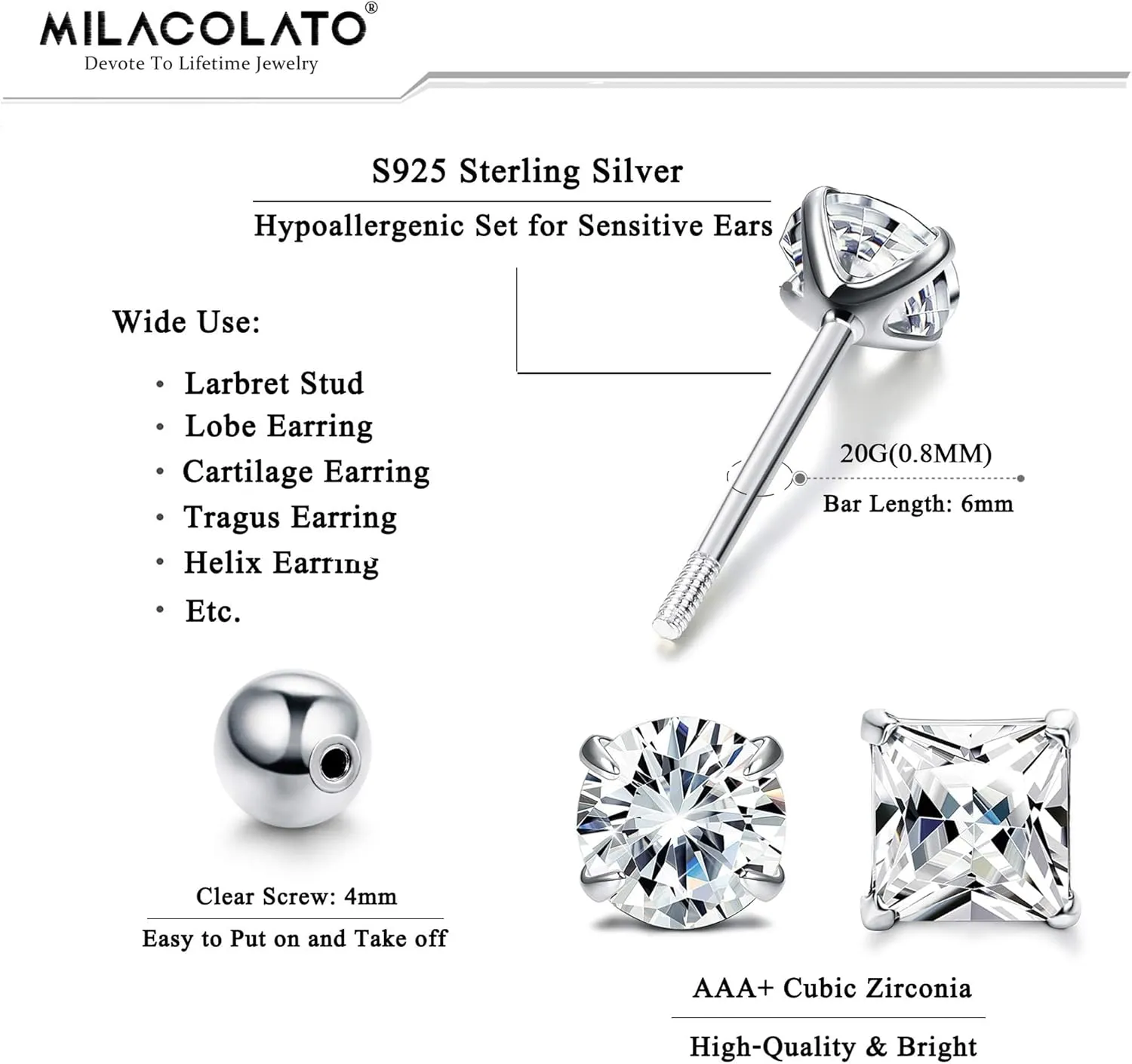 Milacolato Unisex Cubic Zirconia Stud Earrings 925 Sterling Silver Round/Square Princess Cut Cubic Zirconia Screw Back Stud Earrings for Women/Men Cartilage Tragus Helix CZ Studs 3-6MM