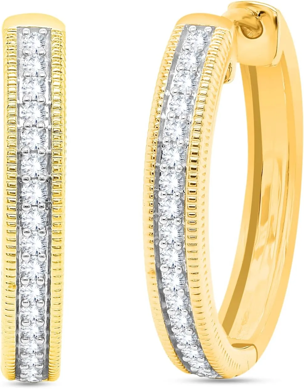 Milgrain Style Hoop Huggie Earrings for Women - 18K Gold Over 925 Sterling Silver with 1/2 Cttw Natural Diamond Huggie Hoop Earring jewelry Gift for Her (0.51 Carat, I-J Color, I2 Clarity)
